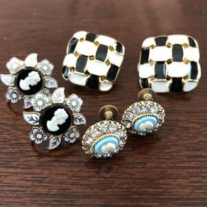Lot Of 3 Earrings Cameo Black Floral Blue Rhinestone Screw Back Square Gold-Tone